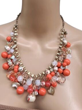 Vintage Chunky Coral Peach Cluster Statement Necklace | Multi-Media Bead Bib